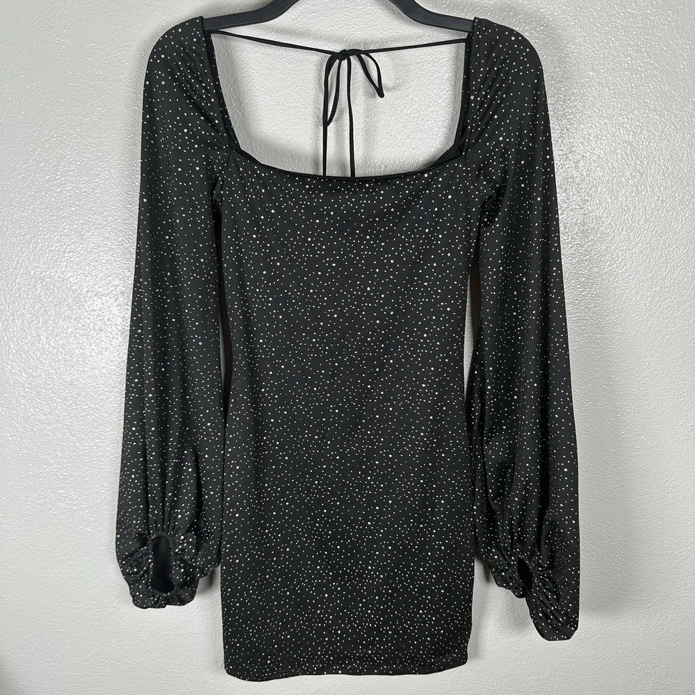 Lucy In The Sky Long Sleeve Mini Dress Womens Small Black Silver Glitter Party